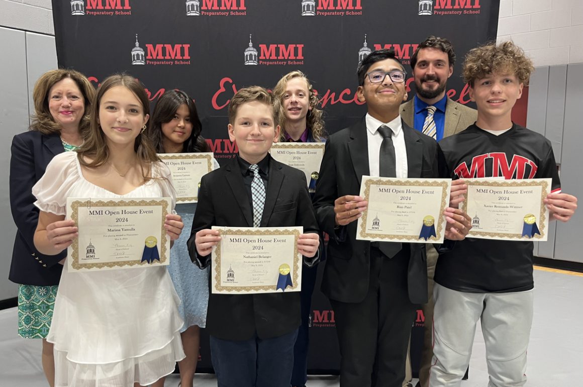 Open House Award winners Front Row (L-R): Marissa Yamulla, Nathaniel Belanger, Rian Patel, and Xavier Reymunde Wittmer. Second Row: Head of School Theresa Long, Arianna Larsen, Issac Edmonds, and Academic Dean Justin Vincent.