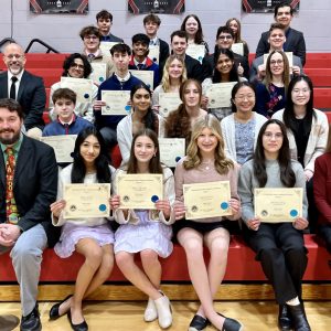 First row (Left to right):Mr. Justin Vincent, Shreeya Parikh, Marissa Yamulla, Gabriella Carsia, Madalynn Young, Ms. Michele Tyburski. Second row: Andrew Pedri, Gavin Serock. Arushi Solgama, Cedra Abdulrahman, Diane Kim and Winni Zheng. Third row: Mr. Michael Mele, Hasan Arain, Joseph Mayernik, Madelyn Young, Yeleiny Paniagua, Mrs. Shannon Falcheck. Fourth row: Caleb Skuba, Rishi Patel, Daniel Griffith, Kiyan Paknezhad, Ian Composto. Fifth row: Jozef Dovicak, Evan Pedri, Christina Chrin, Kenedy Lutz and Kasra Paknezhad.