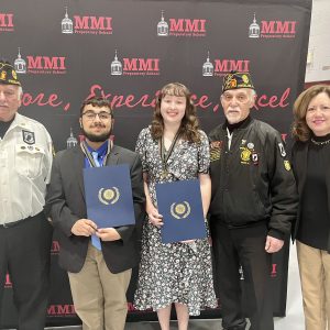 The American Legion’s Academic Excellence Awards were presented to seniors Nathaniel Neidlinger and Abigail Sparich who stand with Pete Peruchetti and Commander Gerald Gaffney of the Freeland Post 473 and MMI Head of School Theresa Long.