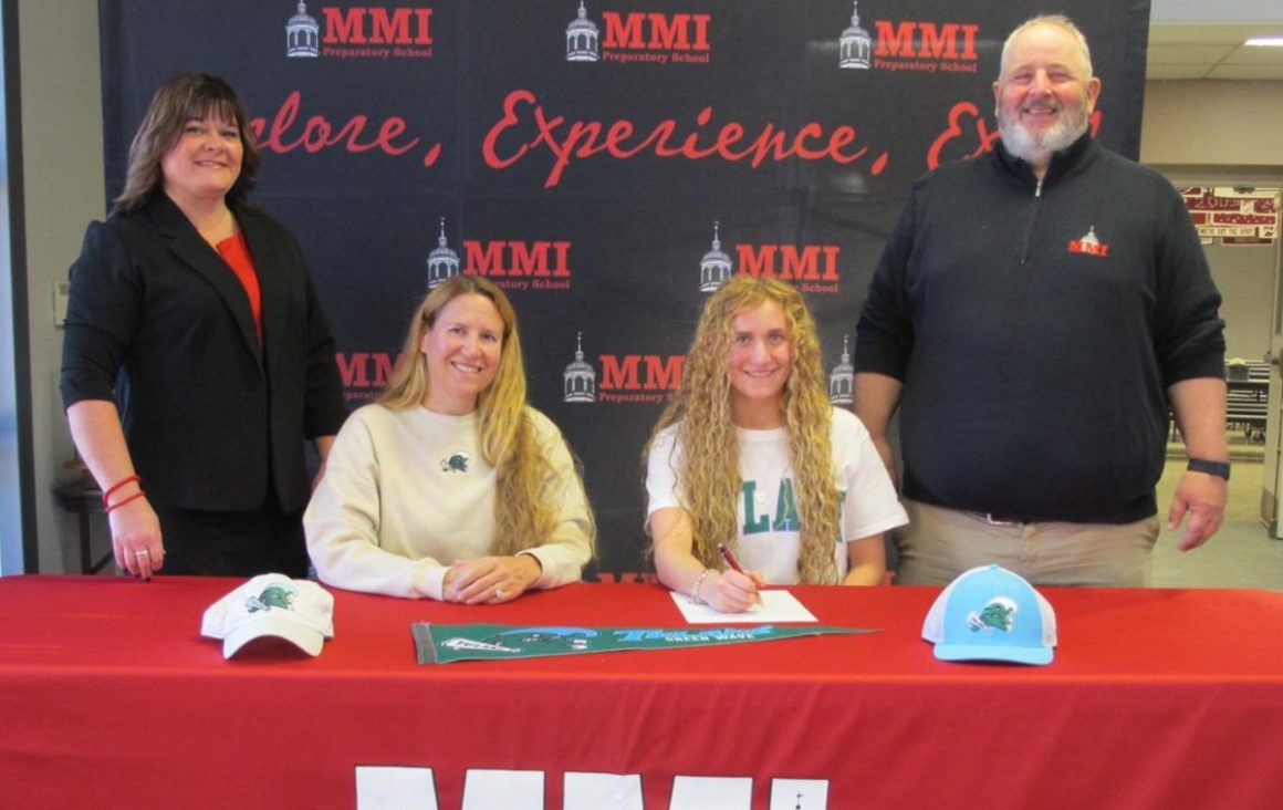 MMI’s Mary Kate Kupsky Signs With Tulane University - Pictured, front row left to right: Lori Blue, Mary Kate’s mother and MMI swim coach, and Mary Kate Kupsky. Back row, left to right: Marci Hosier, Assistant Head of School, and Joseph Flanagan, MMI’s Athletic Director.