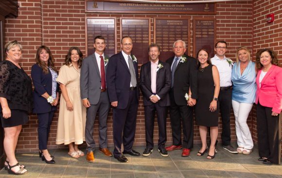 From left to right: Director of Advancement Kim McNulty, Atty. Rebecca L. Warren ’84, Devan A. McCarrie ’14, Cory Z. Rogers ’15, Brian G. Lucas ’84, Atty. Brian S. Rosen ’75, Nicholas L. Dei Tos ’71, Nina Dei Tos Zanon ’01, James Harley Gliem ’12 (Grandson of Richard A. Mikula ’68), Lynn Gliem (Daughter of Richard A. Mikula ’68), and Head of School Theresa Long.